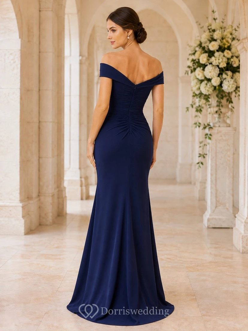 Dark Navy Off-Shoulder Sleeveless Floor-Length Satin Mermaid Dress view 2
