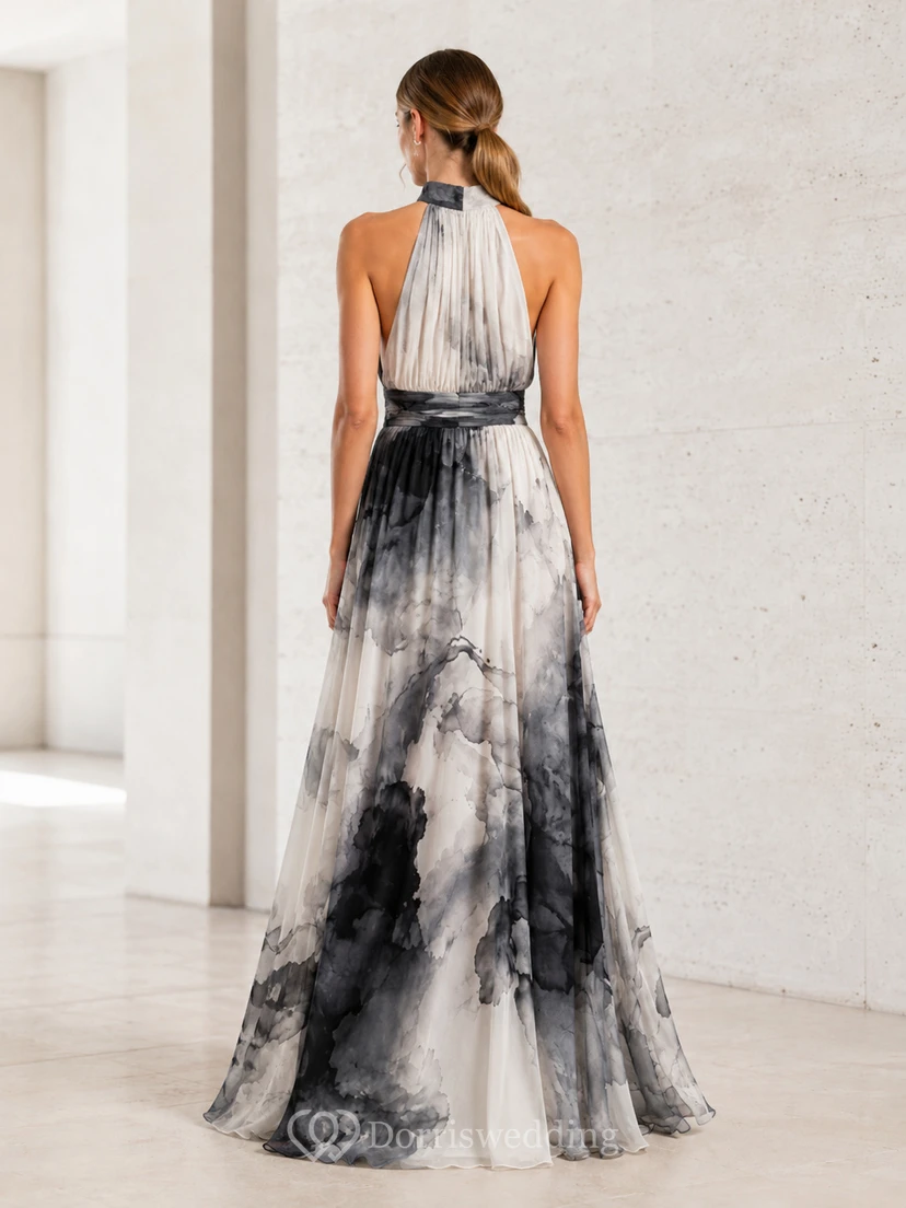 Black Ink Wash Halter Chiffon A-Line Maxi Evening Dress view 2