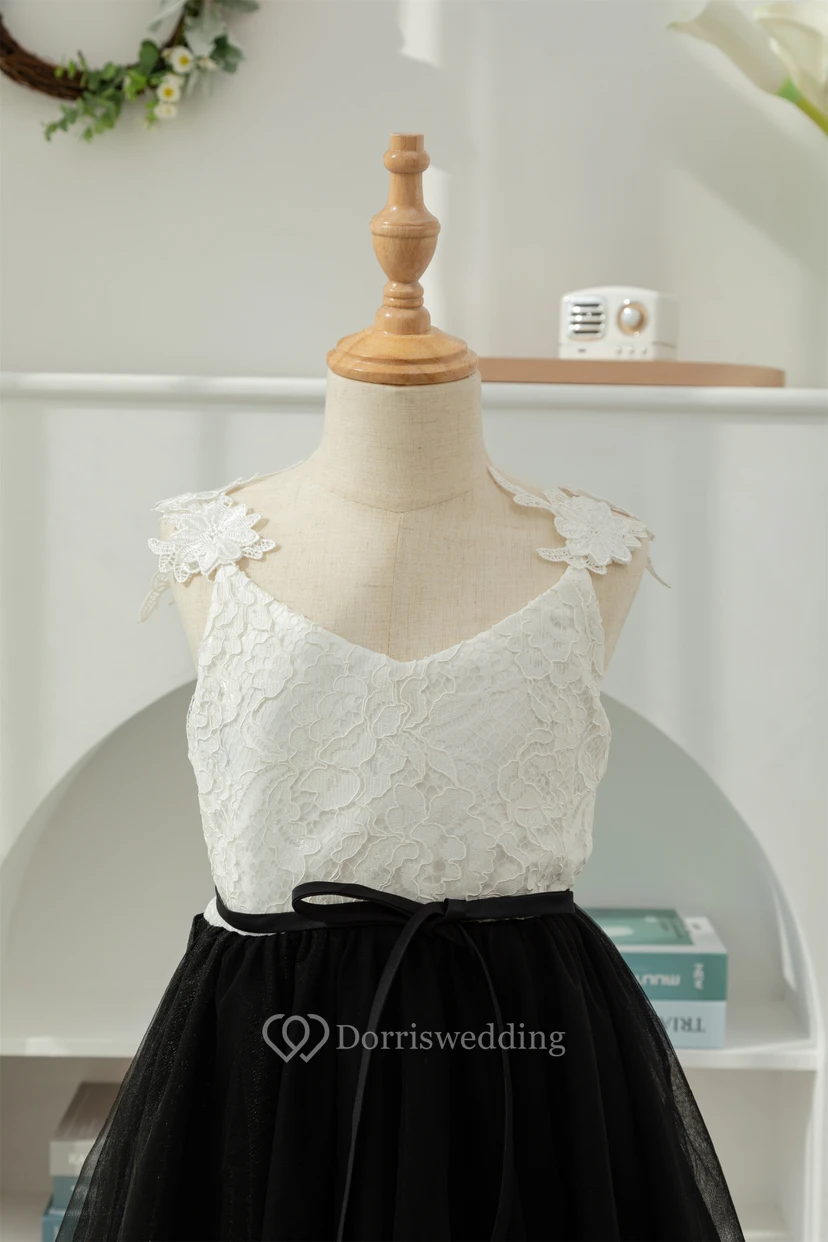Lace Black and White Short A-line Tulle Flowergirl Dress view 3
