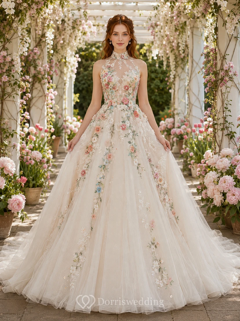Vestido de novia de gala con cuello alto y bordados florales