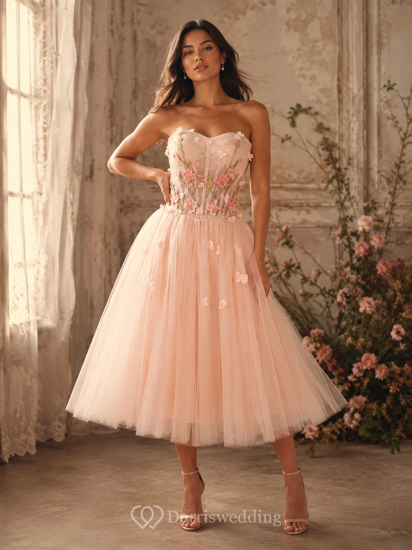 Ivory Strapless Cocktail Dress with Floral Appliqué view 7