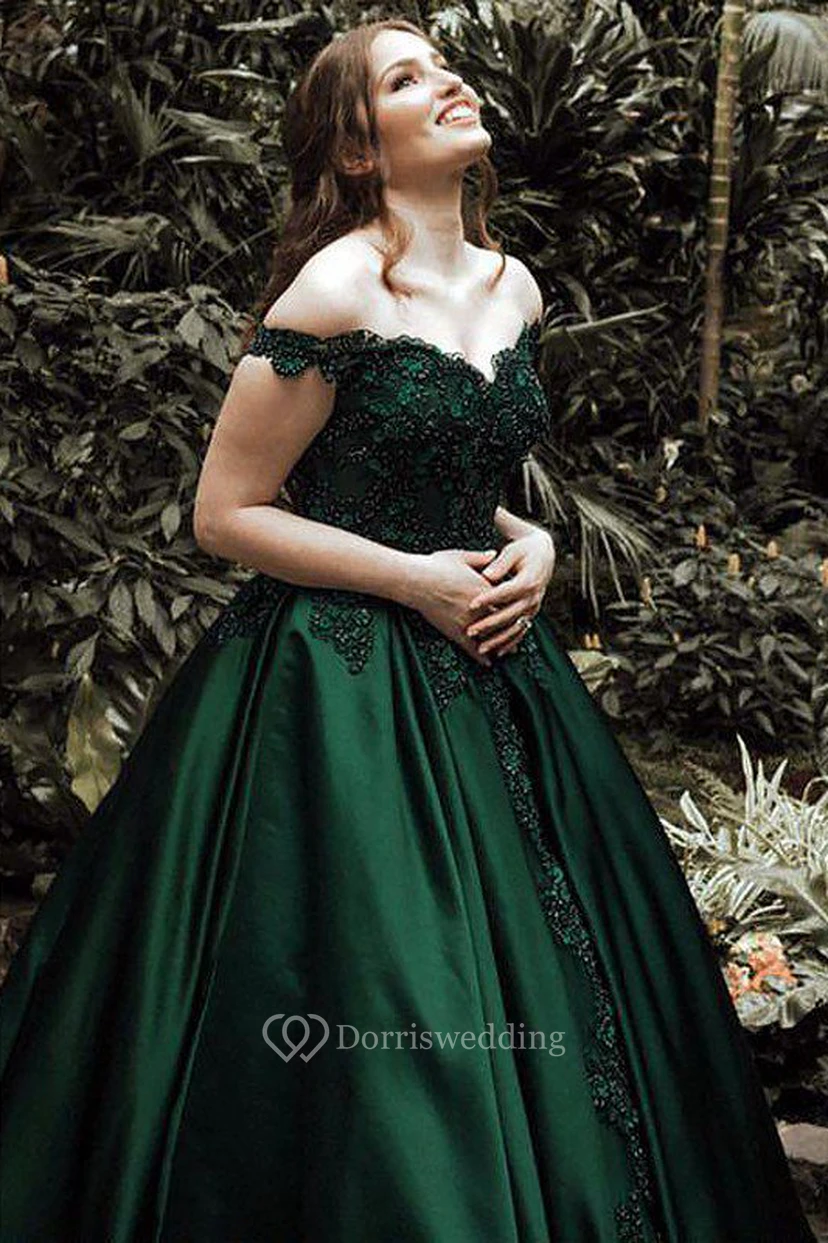 A-Line Ball Gown Satin Lace Off-the-shoulder Short Sleeve Zipper Dress view 2