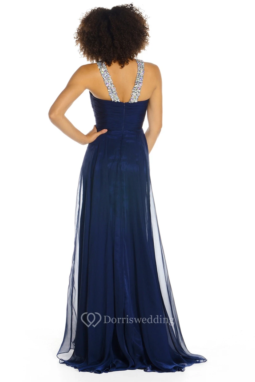 Ärmelloses, perlenbesetztes Chiffon-Abendkleid mit Raffungen und Trägern view 2