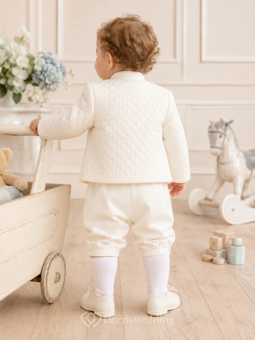 Ivory Quilted Mandarin Collar Long Sleeve Baptism Suit Set for Baby Boy view 2