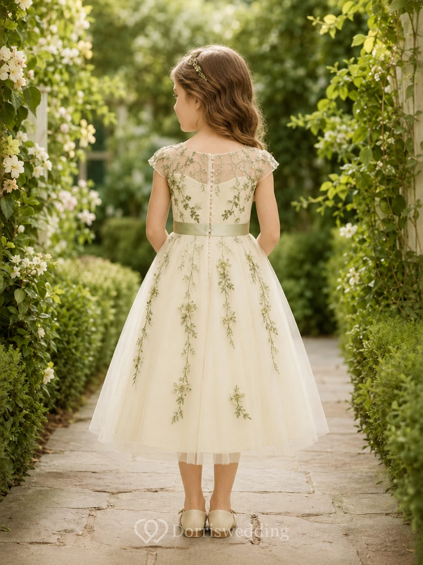 Vestido de niña de las flores, color marfil, encaje, tul, corte en A, escote redondo, largo midi. view 2