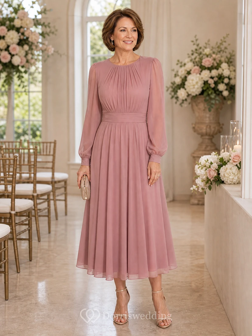 Jewel Neck Long Sleeve Chiffon Tea-Length Dress view 3