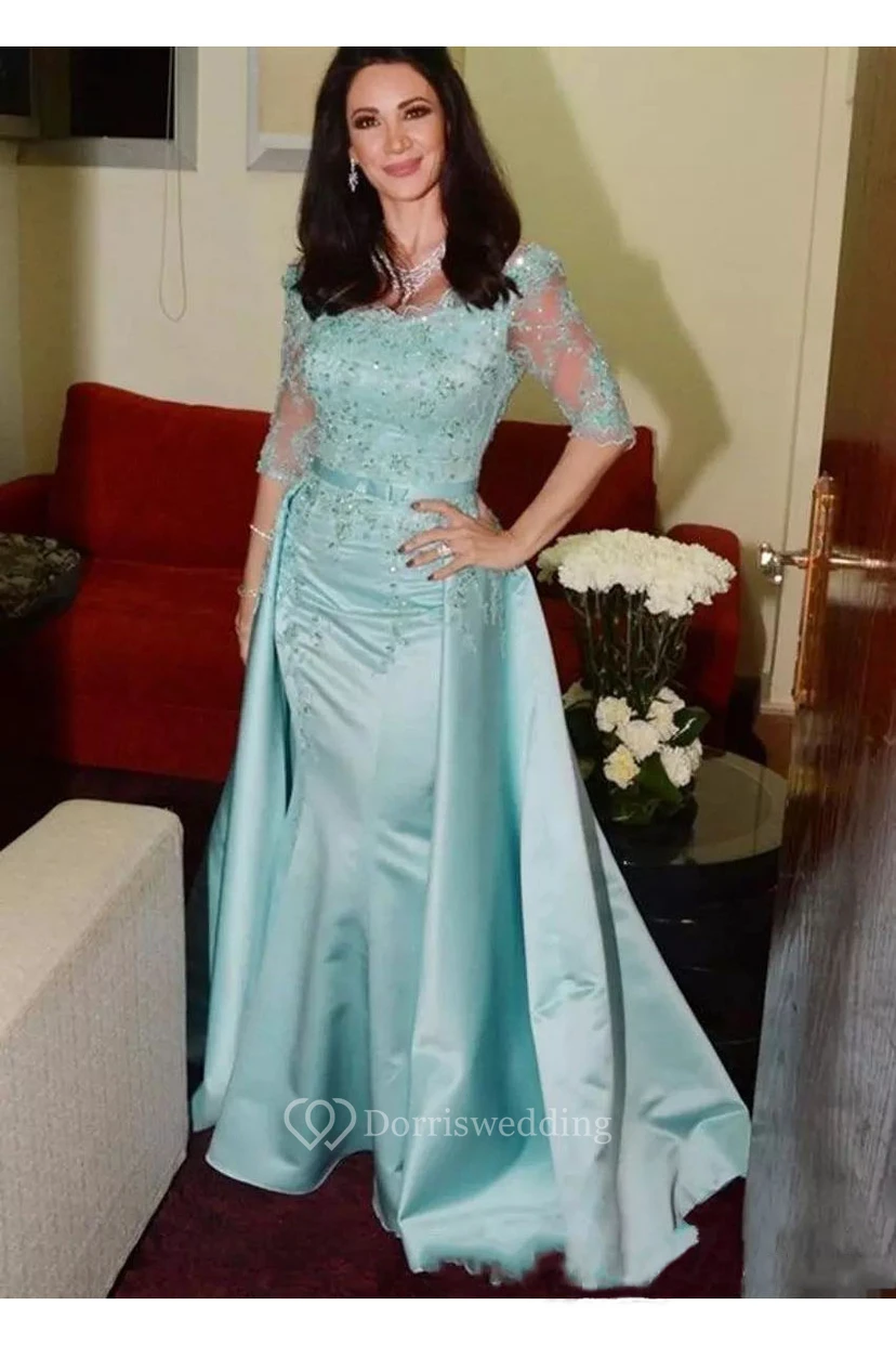 3-4 Length Sleeve Illusion Satin Lace Sexy Bodycon Scoop Luxury Women Floor-length Appliques Evening Dress