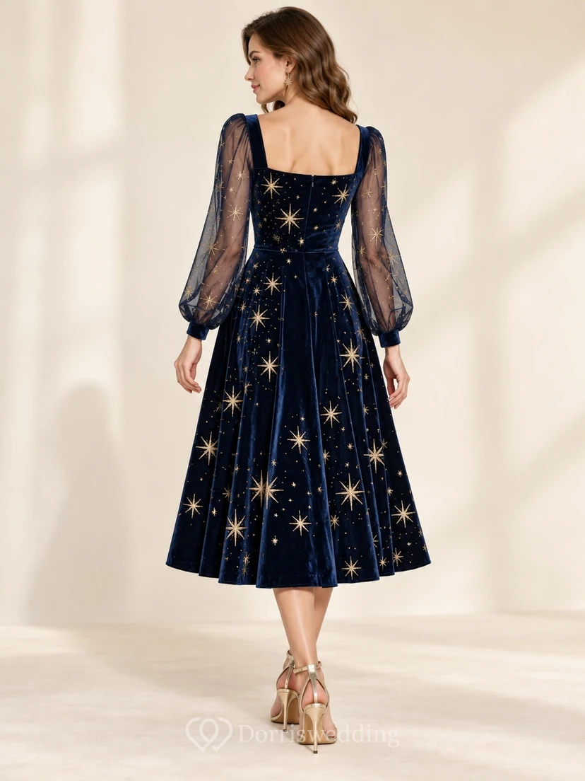Dark Navy Square Neck Sheer Poet Sleeve Velvet Cocktail Dress view 2