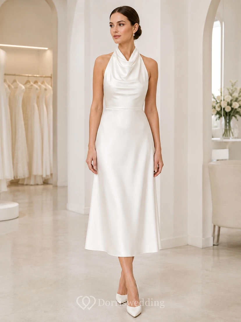 Civil Wedding Halter Sleeveless A-Line Tea-length Satin Elopement Dress
