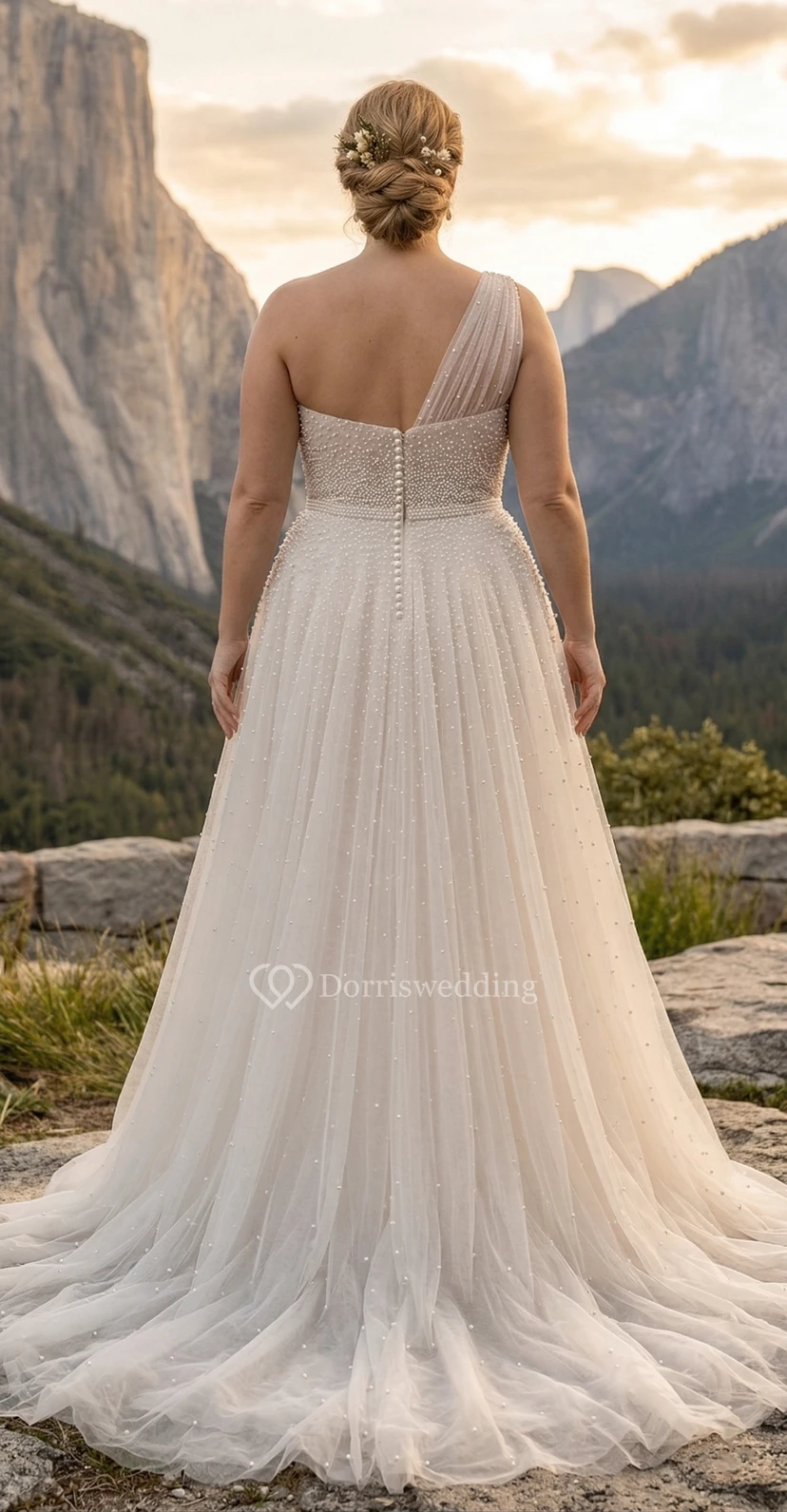 Plus Size A-Line Wedding Dress with One-Shoulder Illusion Beaded Tulle Bodice view 2