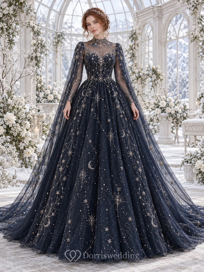 Vestido de novia de gala con capa celestial de ilusión invernal, manga larga, azul marino oscuro.