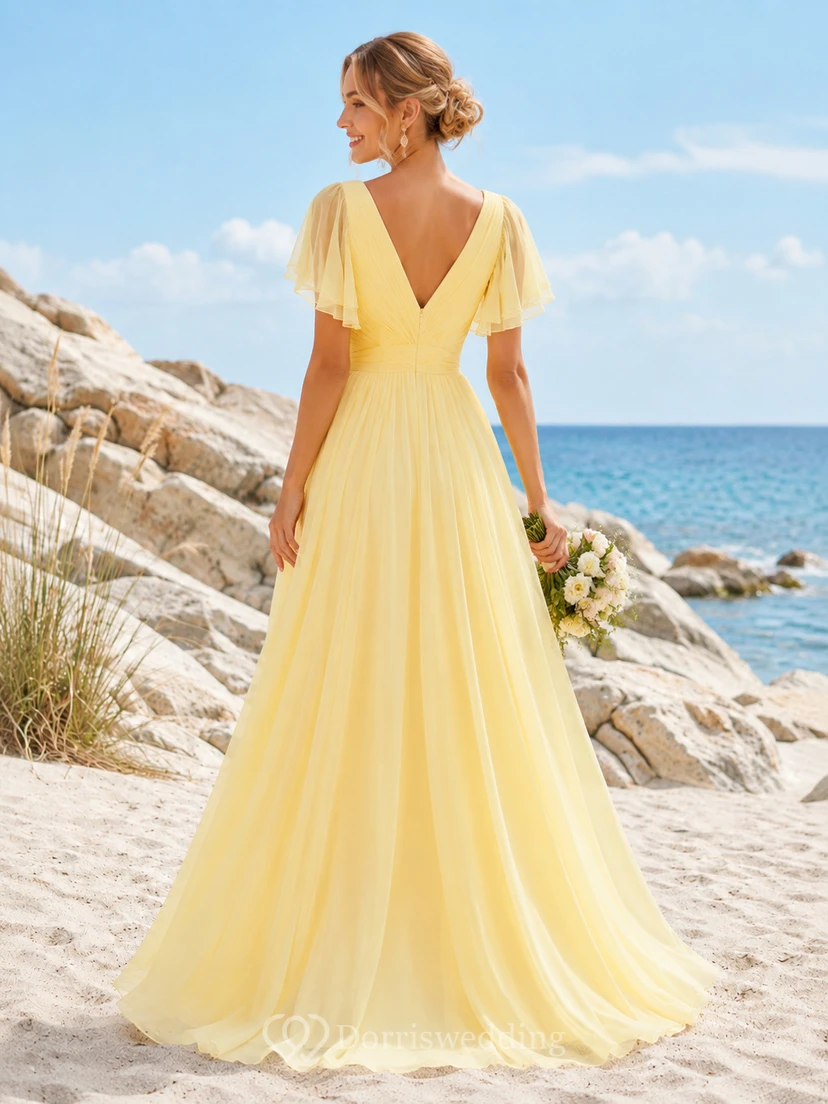 Vestido de novia de playa de gasa color amarillo pálido con escote en V profundo y mangas con volantes, corte en A view 2