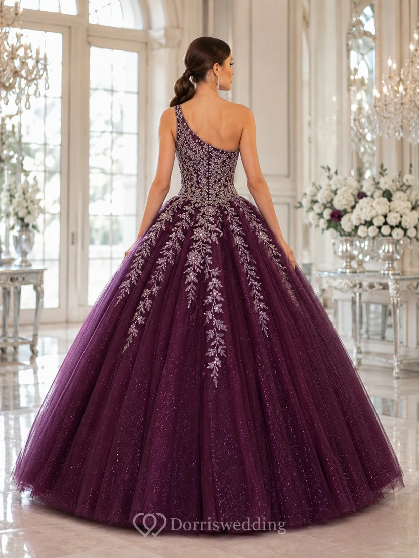 Plum Silver Luxury One Shoulder Embroidered Sweet Sixteen Princess Formal Ball Gown view 2