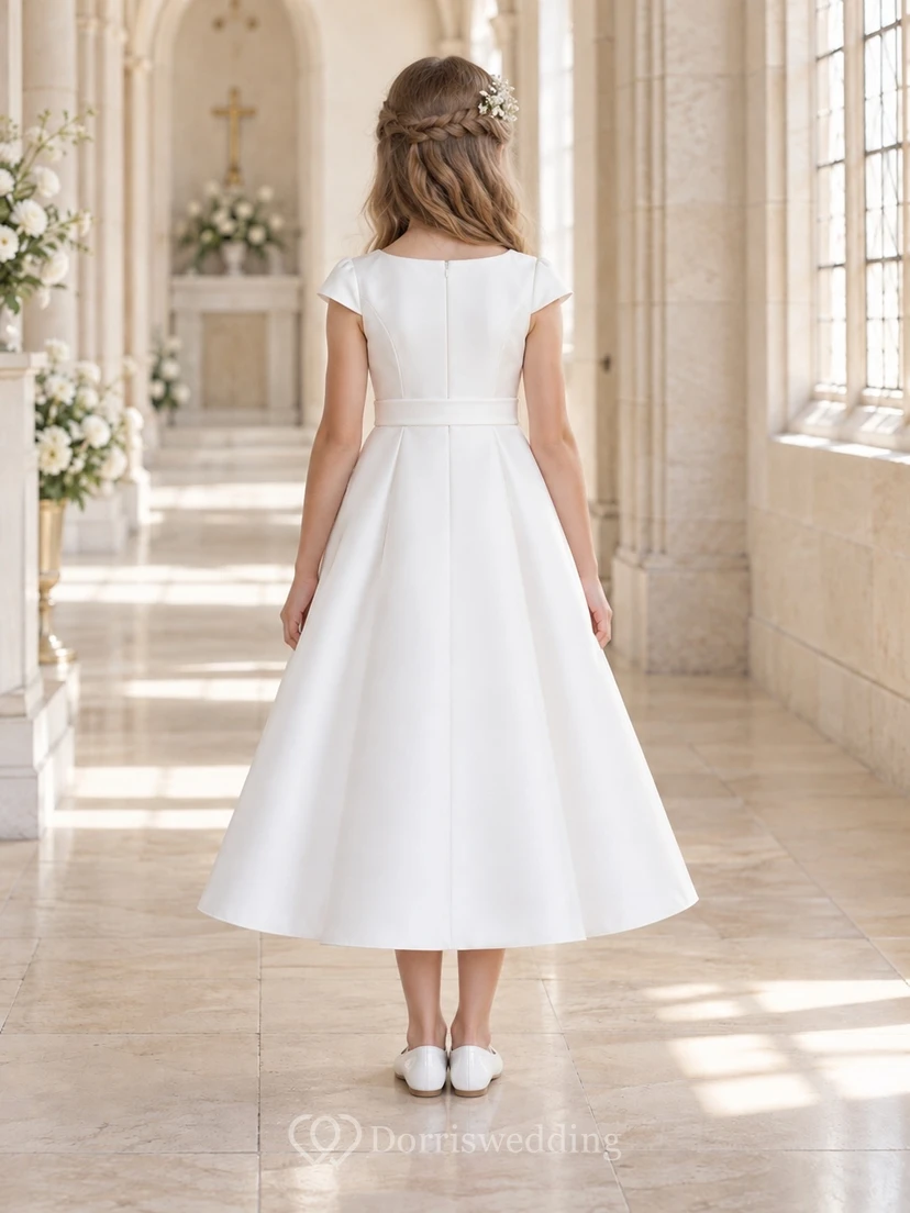Simple White Tea-length Bateau Cap Sleeve Floral Waist Satin Communion Dress view 2