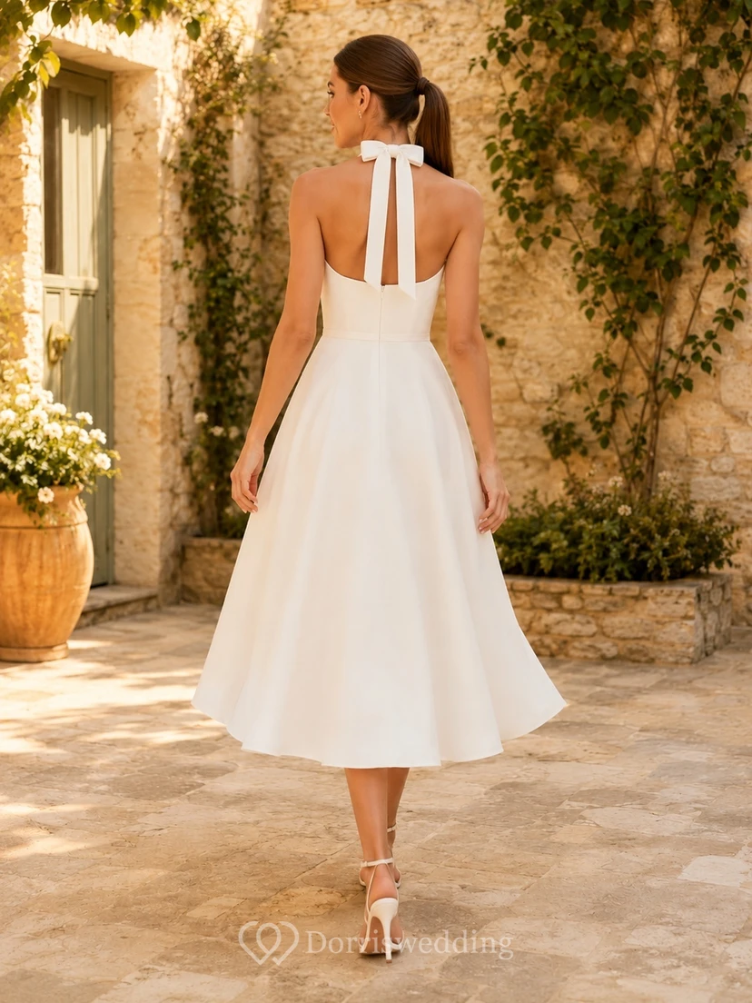 Lässiges Satin-Halterkleid mit hohem Kragen, offenem Rücken und Schleife, A-Linie, Teelänge, zweites Hochzeitskleid view 2