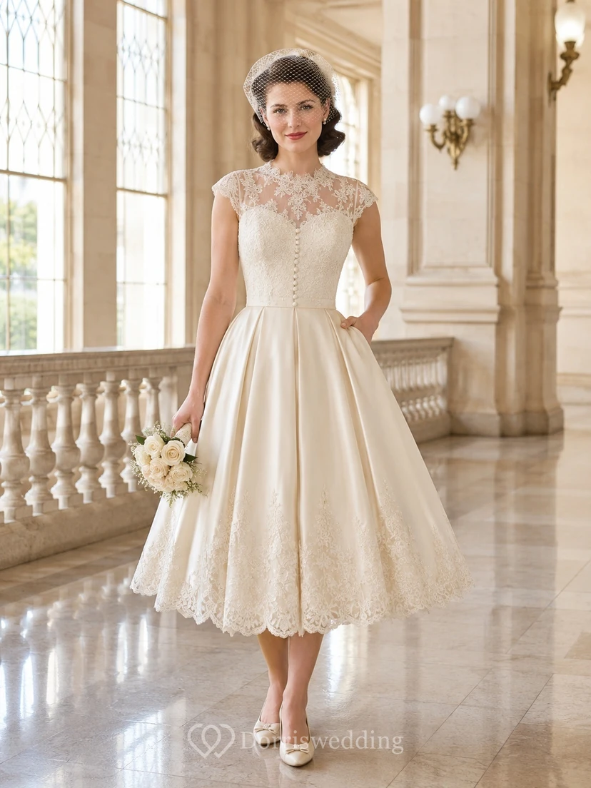Champagnerfarbenes Vintage-Kleid in A-Linie mit Schmuckkragen, Spitze, Teelänge, elegant, für eine intime Hochzeit