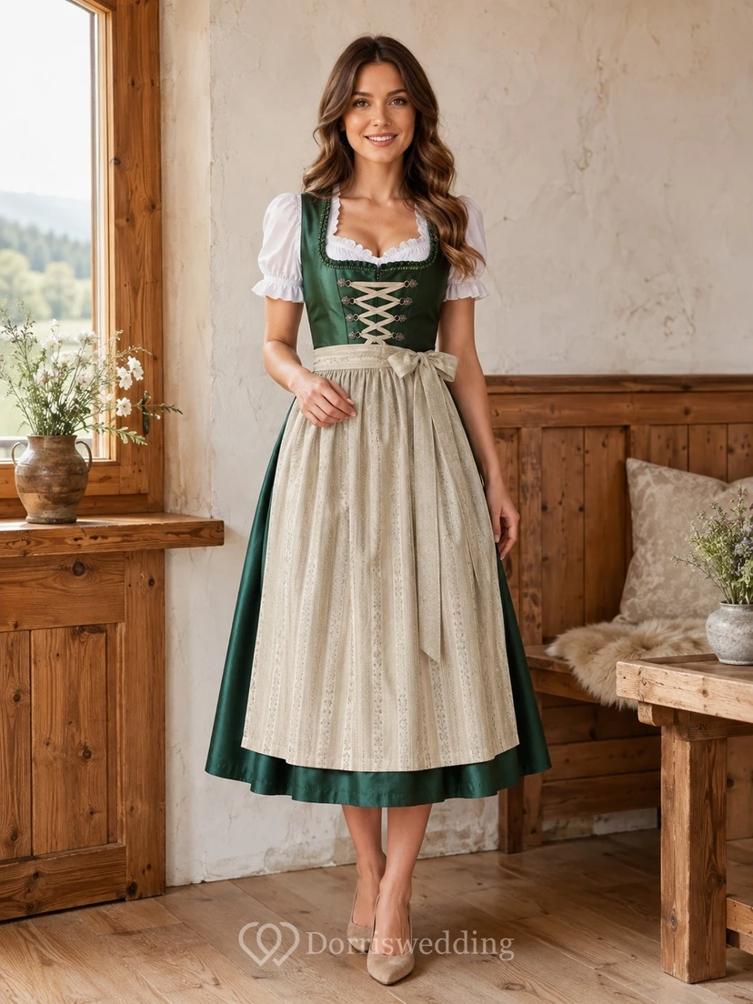 Grünes Dirndlkleid im Country-Vintage-Stil mit eckigem Ausschnitt, Teelänge und A-Linie