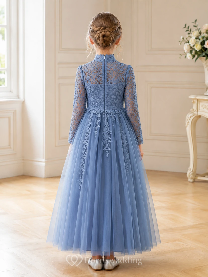 Flower Girl Dress Steel Blue Lace Tulle A-Line Jewel Neck Tea Length view 2