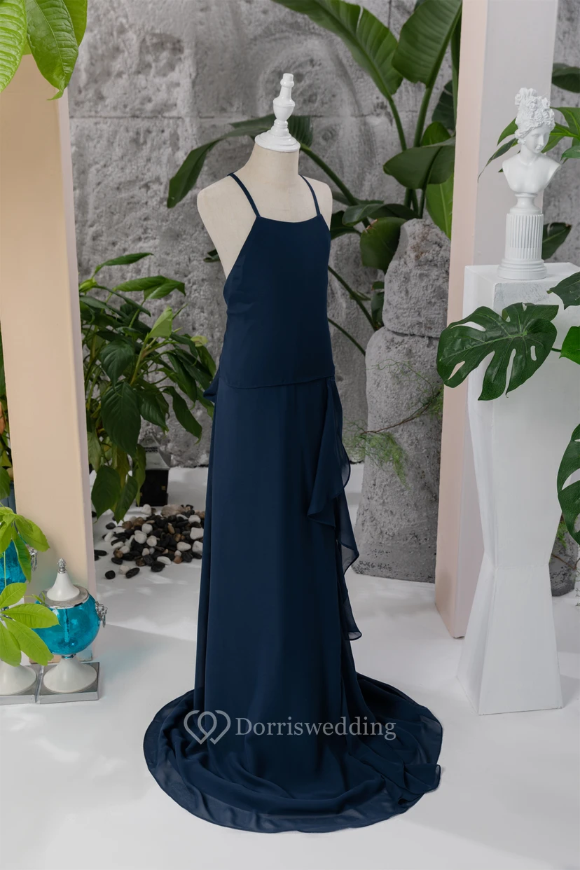 Einfaches, dunkelblaues Chiffon-Blumenmädchenkleid mit Spaghettiträgern und seitlicher Drapierung view 7
