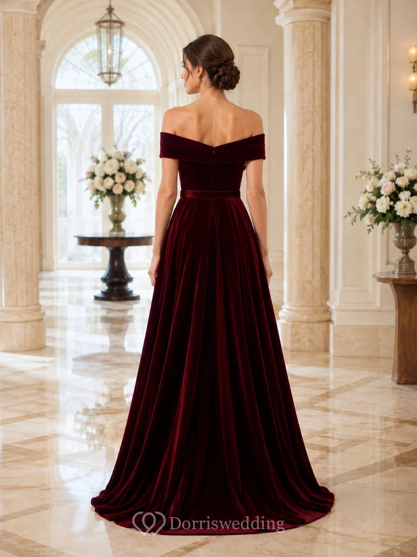 Off-Shoulder Burgundy Draped Satin A-Line Floor-Length Simple Modest Formal Gown view 2