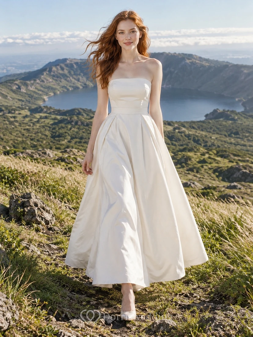 Schlichtes, trägerloses, plissiertes, knöchellanges Brautkleid in A-Linie