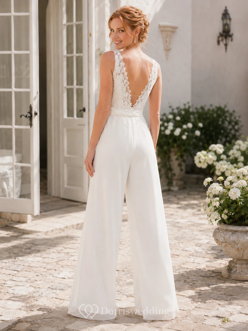 Romantic Bridal Jumpsuit Lace Deep V Neck Sleeveless Wide Leg Wedding Outfit view 2