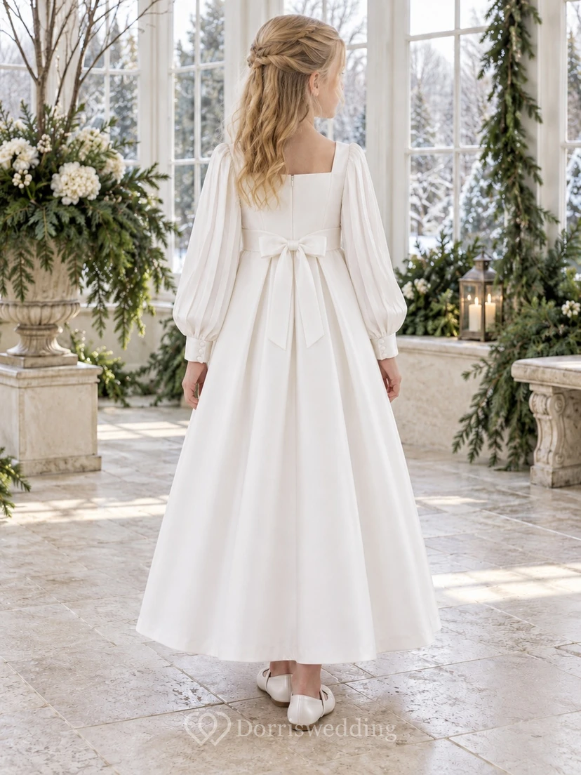 White Satin Square Neck Long Bishop Sleeve Ankle Length Flower Girl Dress view 2