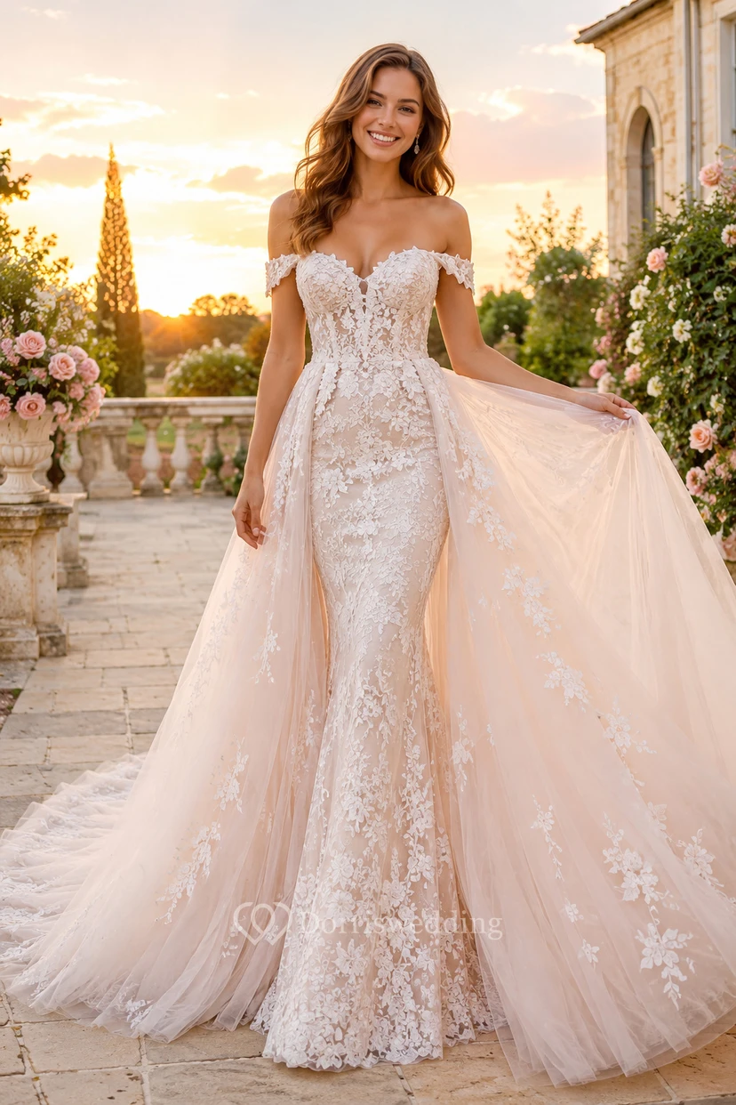 Robe de mariée sirène en dentelle et tulle, épaules dénudées, manches courtes et traîne chapelle