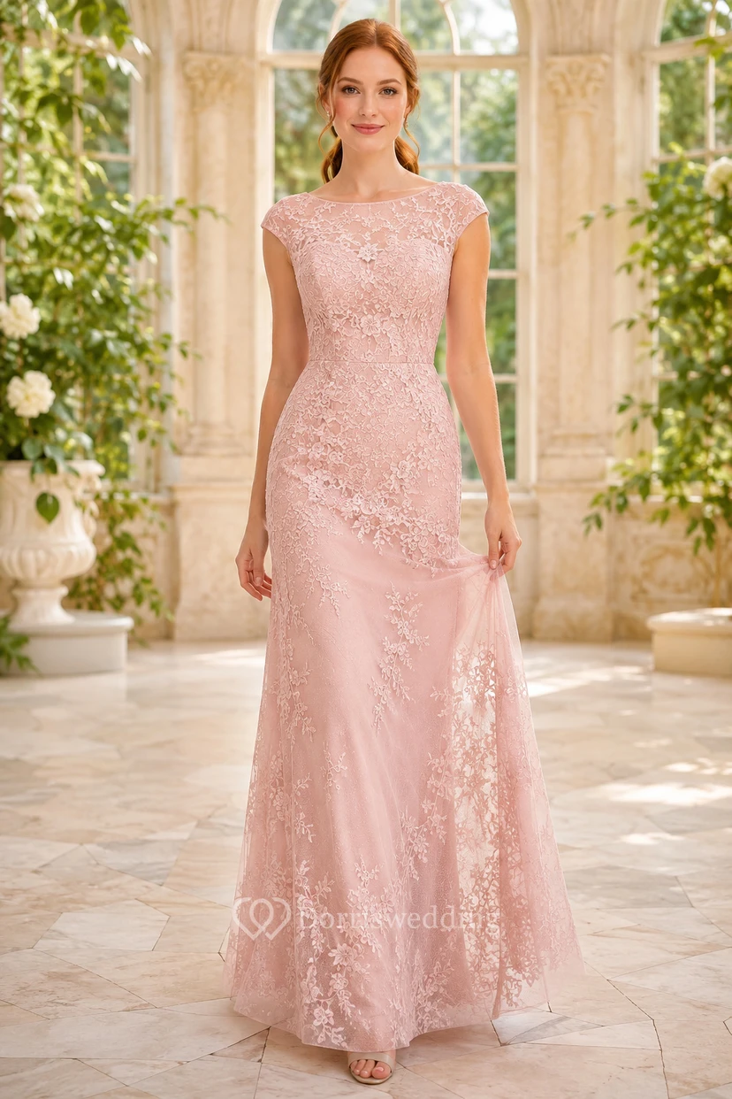 Evening Gown Blush Lace Sheath Bateau Neck Short Sleeve Floor Length