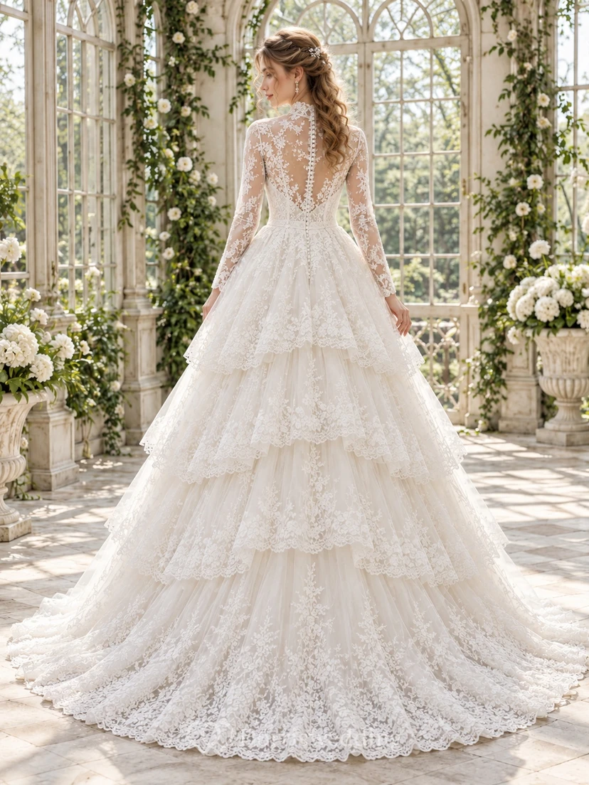 Modest High Neck Long Sleeve Tiered Lace Ball Gown Wedding Dress view 2