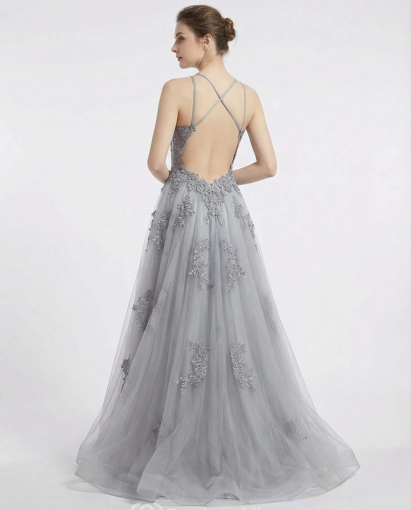 Gray Tulle A-Line Evening Gown with Lace Appliqué and Halter Illusion Neckline view 2