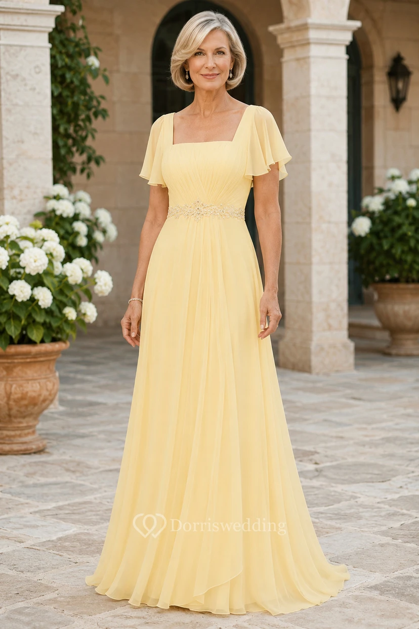Daffodil Chiffon-Kleid in A-Linie mit eckigem Ausschnitt für Mütter