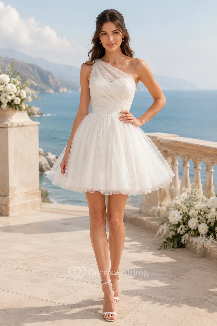 One Shoulder Tulle Mini Wedding Reception Dress