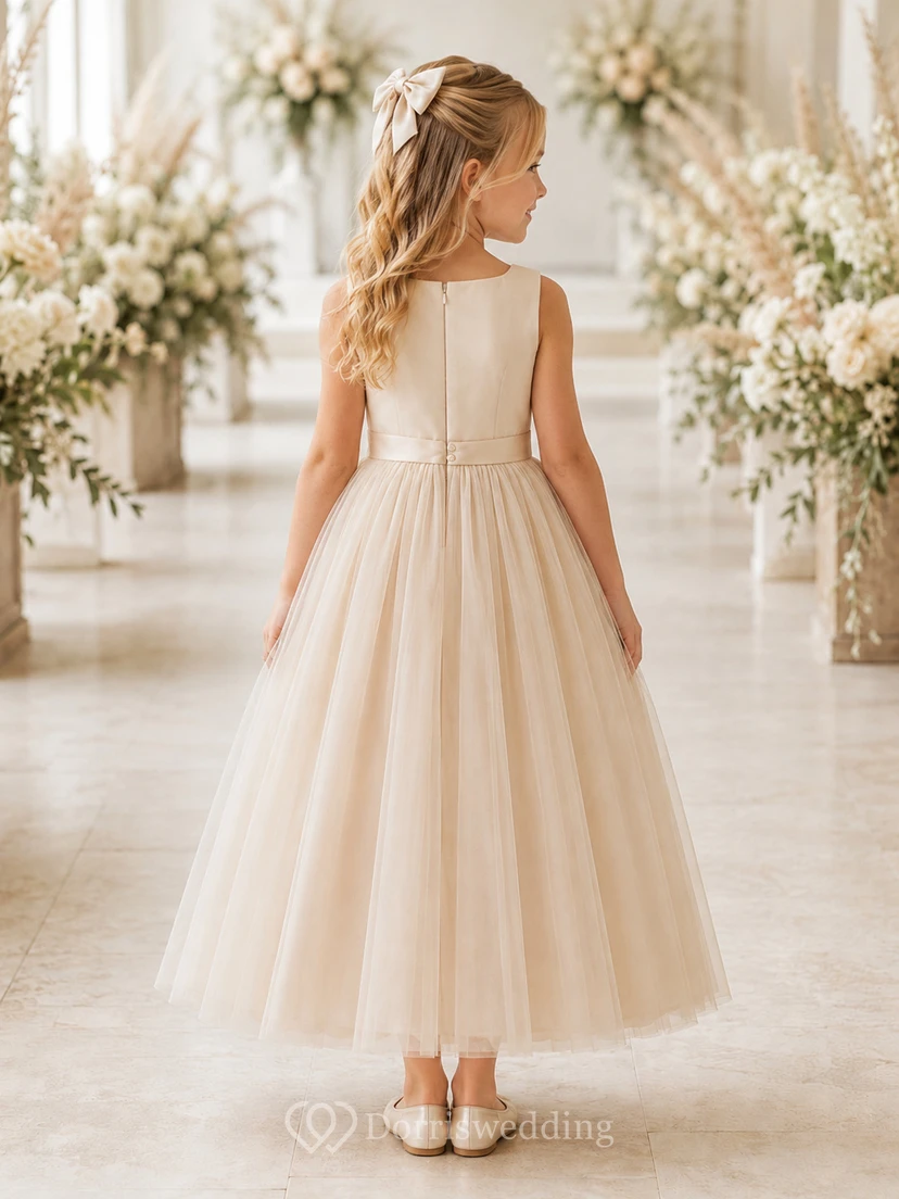 Blumenmädchenkleid aus elfenbeinfarbenem Tüll, A-Linie, eckiger Ausschnitt, Teelänge, plissiert view 2