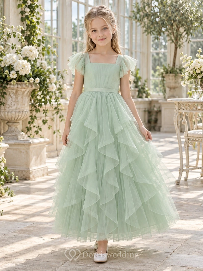 Square Neck Mint Flutter Sleeve Cascading Ruffle Tulle Flower Girl Dress
