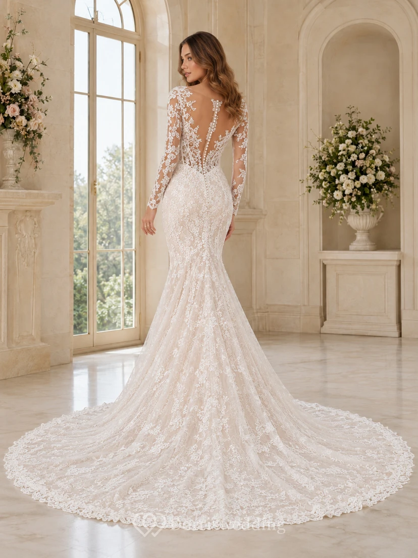Robe de mariée sirène en dentelle, col en V, manches longues, traîne chapelle, applications florales, style jardin view 2
