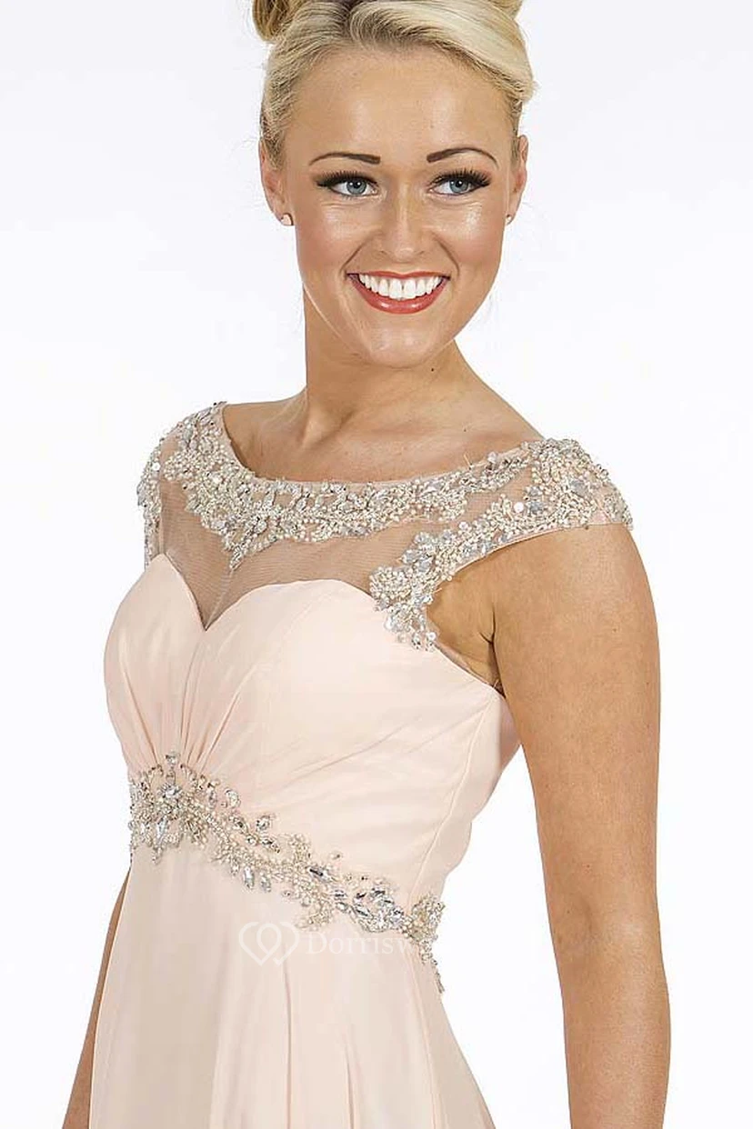 A-Line Empire Scoop Floor-Length Cap-Sleeve Beaded Chiffon Prom Dress With Waist Jewellery And Ruching view 4
