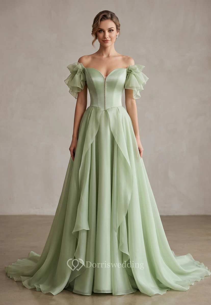 Robe de soirée vert clair à épaules dénudées et nœud