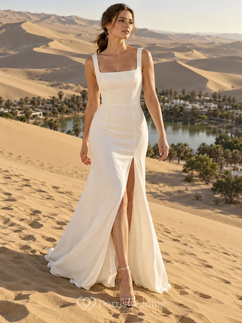 Sencillo vestido de novia de crepé estilo sirena con escote cuadrado, tirantes y abertura frontal.
