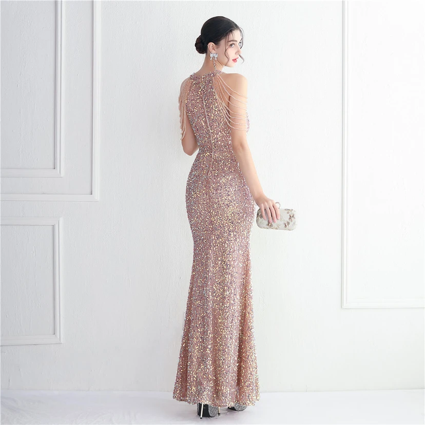 Heavy-Duty Glass Bead Craft Beaded Banquet Evening Dress Temperament Elegant Long Halter Neck Slit Sequins view 36