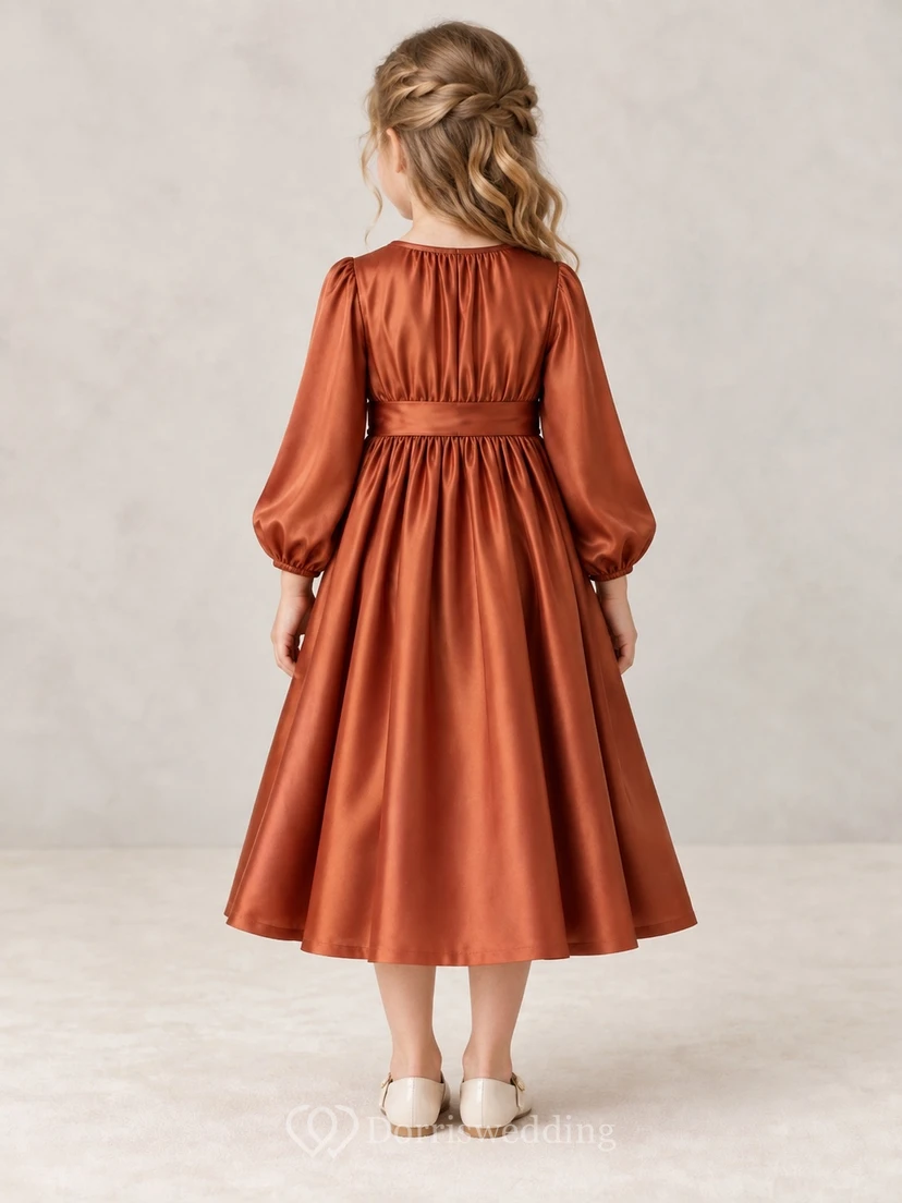 Long Sleeve Tea-length Country Rust Gathered Neck Satin Flower Girl Dress view 2