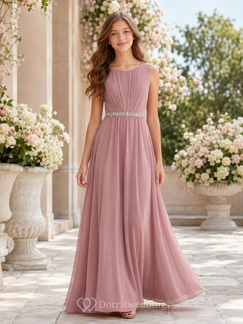Vestido de dama de honor juvenil color rosa empolvado, corte en A, escote redondo, sin mangas, de gasa, con detalles de cristal, elegante.