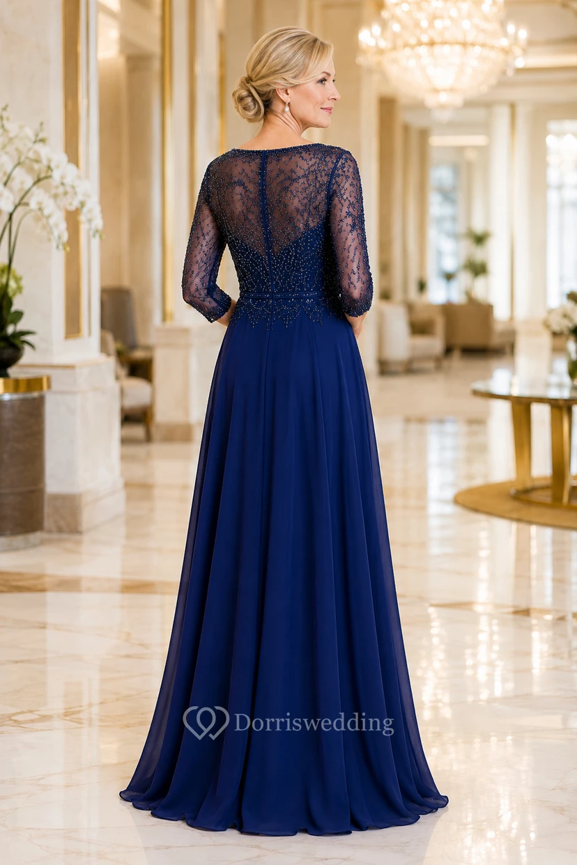 Marineblaues A-Linien-Kleid mit Spitzenoberteil und 3/4-Ärmeln view 2