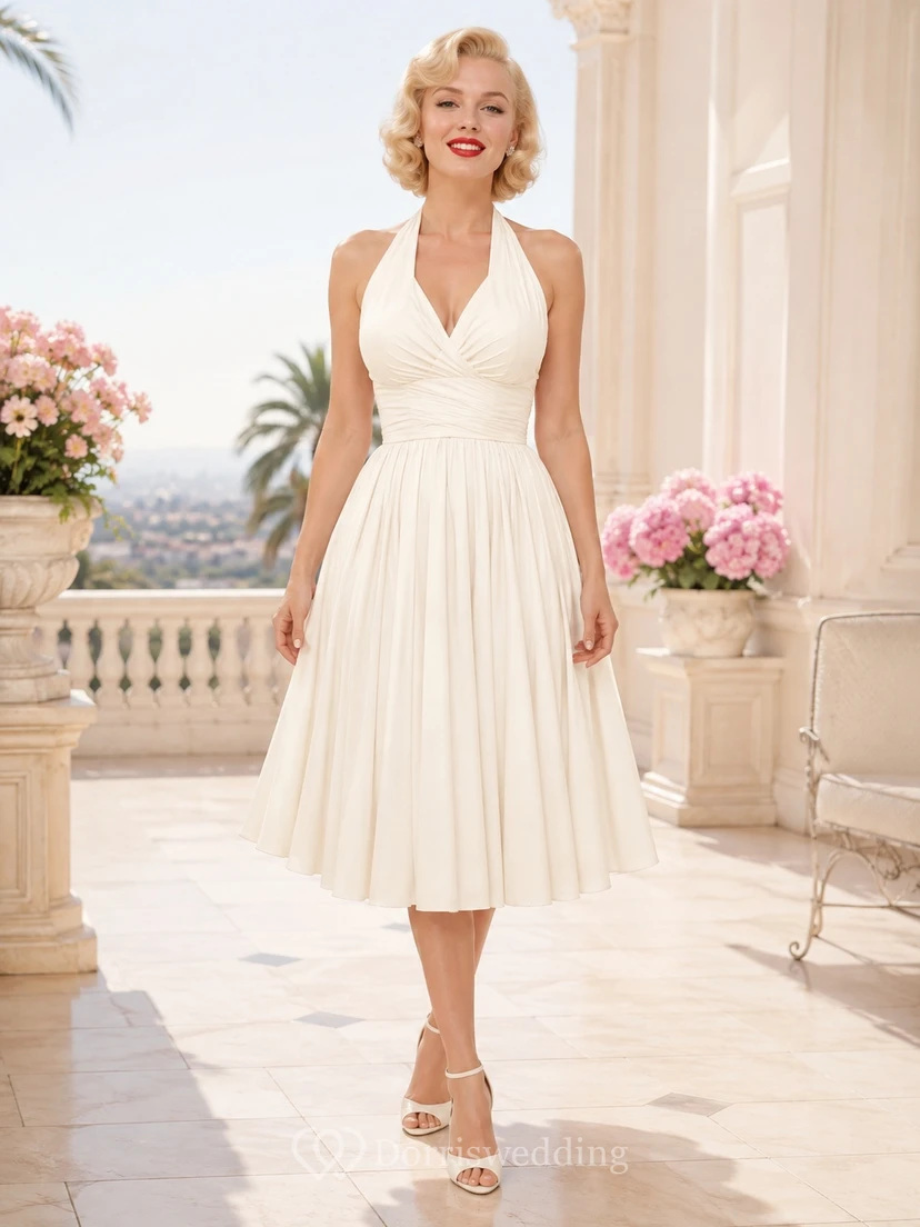 Vintage elfenbeinfarbenes Chiffon-Cocktailkleid mit Neckholder, rückenfrei, plissiert, A-Linie, Teelänge