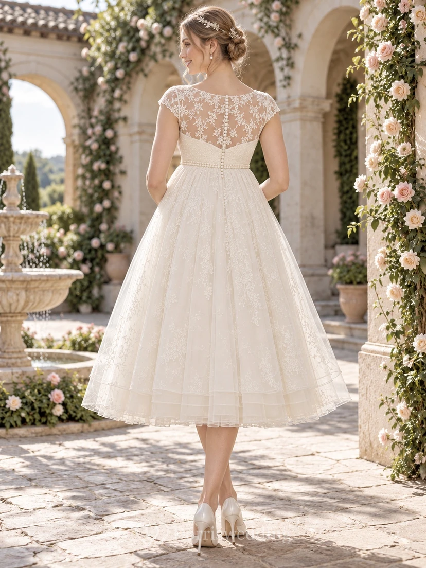 Robe de mariée vintage de maternité mi-longue à manches courtes et décolleté cœur en dentelle et tulle view 2