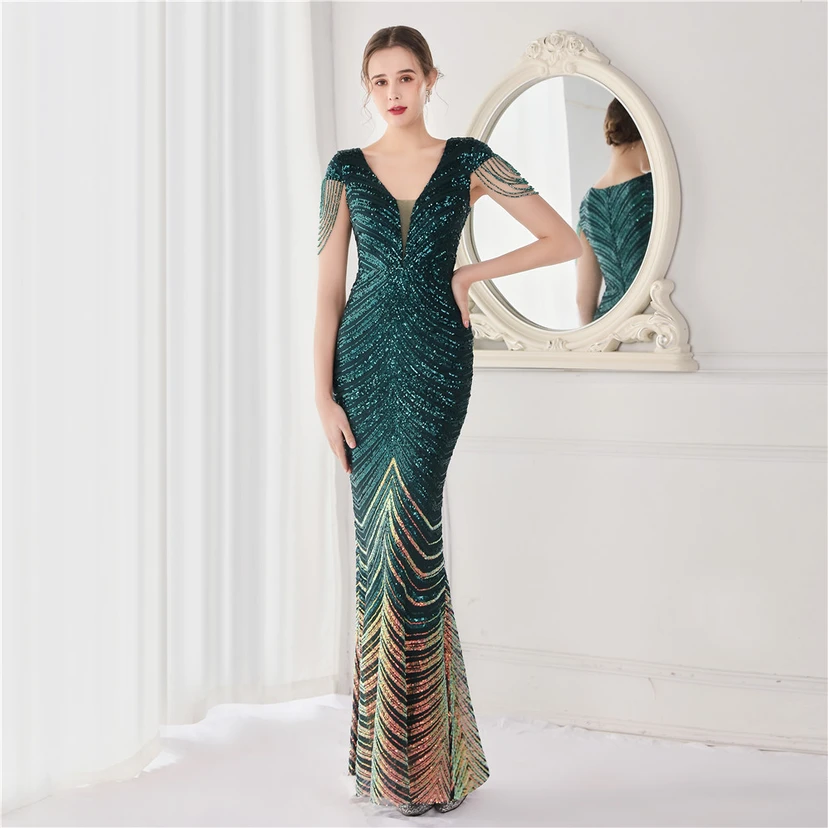 Paillettenbesetztes, handwerklich perfekt gefertigtes, perlenbesetztes Party-Abendkleid – sexy langes Kleid für die Braut view 19