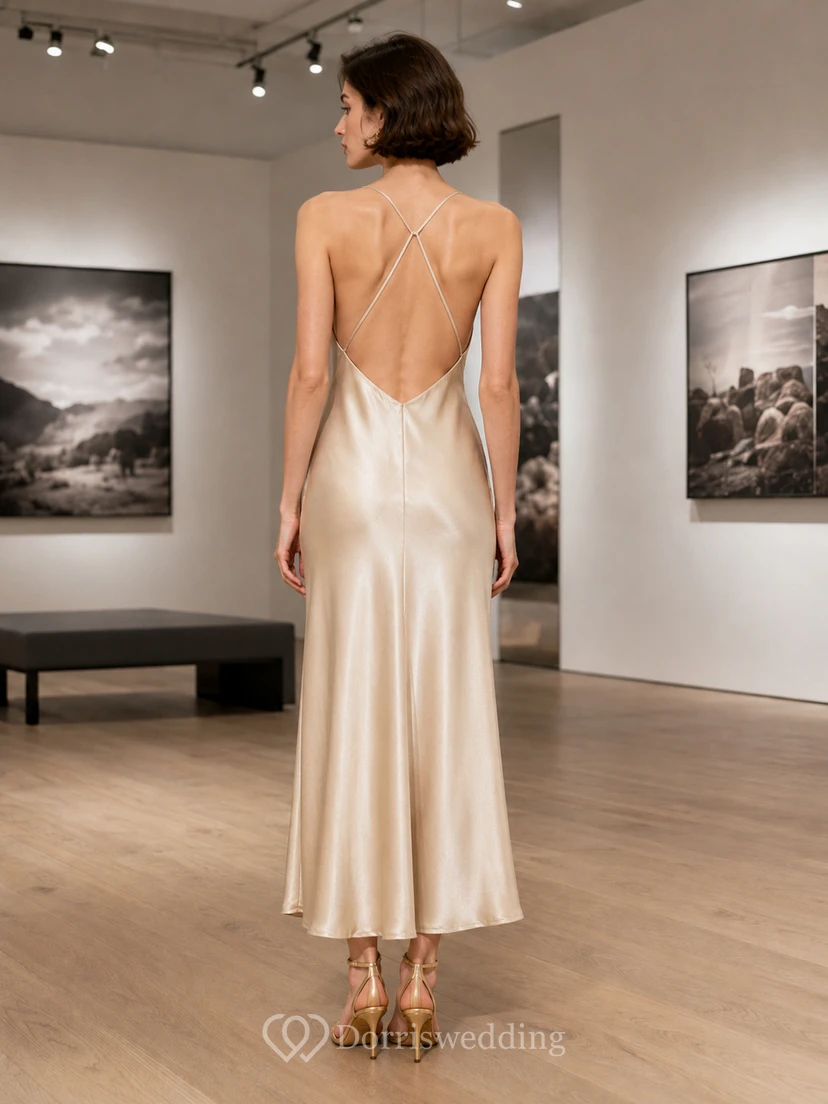 Champagnerfarbenes, trägerloses Midikleid aus Satin mit Wasserfallausschnitt view 2