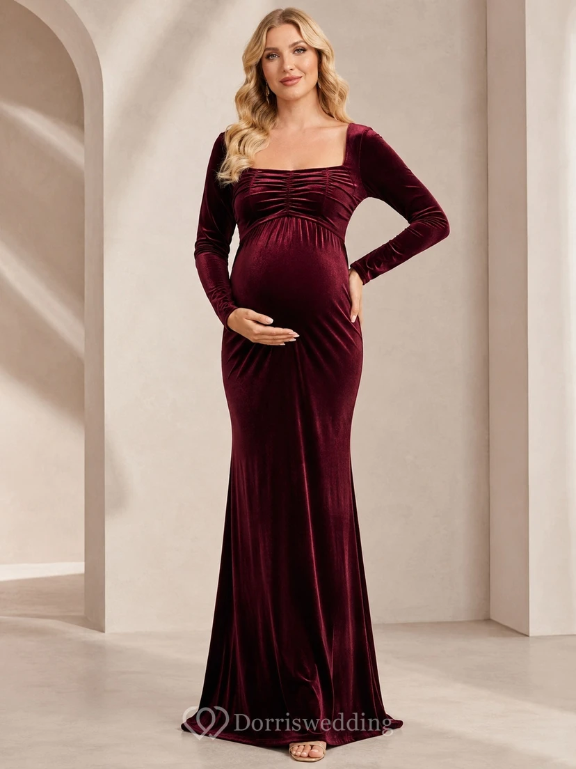 Maternity Long Sleeve Burgundy Square Neck Velvet Empire Sheath Floor-Length Formal Gown