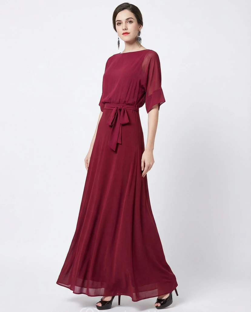 Bateau Neck Half Sleeve Pleated Chiffon Dress