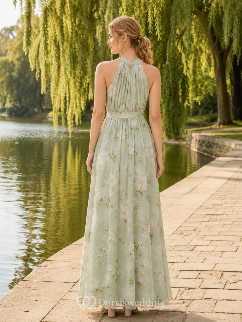 Sage floral halter pleated chiffon maxi A-line dress view 2